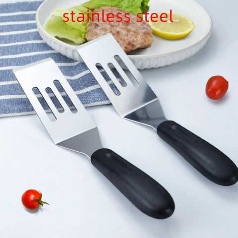 Two-piece stainless steel slotted spatula set with black handles for flipping and serving food