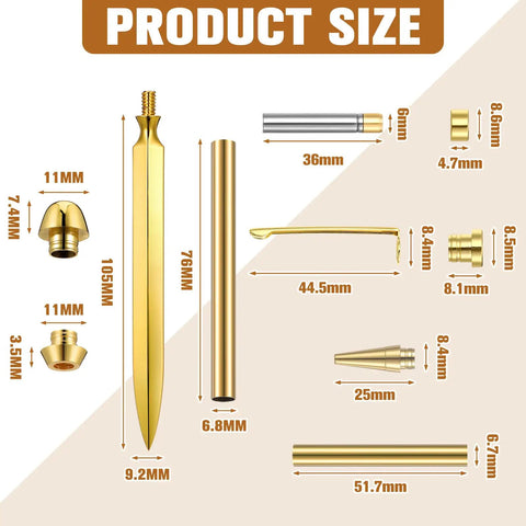 Product size chart of Six Piece Tight 7mm Woodcraft Kit Featuring Letter Openers And Slim Pen Tools showing dimensions and details.