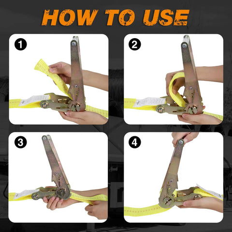 Four Pack 2 Inch By 27 Foot Heavy Duty Ratchet Straps With Aluminum Handle And Double J Hooks usage demonstration.
