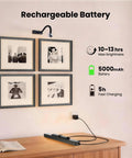 No Fuss Rechargeable Picture Light With Smooth Dimming And High CRI 95 Rating casting glow on framed wall art with battery specs.
