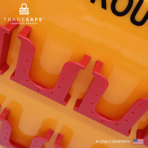 Close-up of a yellow wall mount lockout tagout board with red acrylic holders for 20 LOTO tags, impact-resistant design.