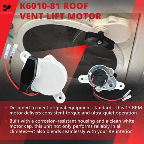 Replacement Silent RV Roof Vent Motor for K6010 Series K6010-81, visible wiring and installation parts, front view
