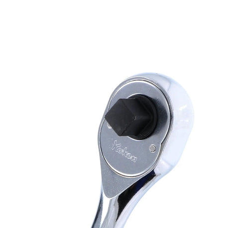 Close-up of Three Eighth Inch Square Drive Ratchet Handle With 24 Teeth, Seven Point Nine Inch Long Reversible Knurl Grip Tool head
