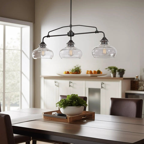 38 Inch 3 Light Modern Schoolhouse Island Light With Clear Glass Shades, Industrial Farmhouse Oil Rubbed Bronze Finish over table