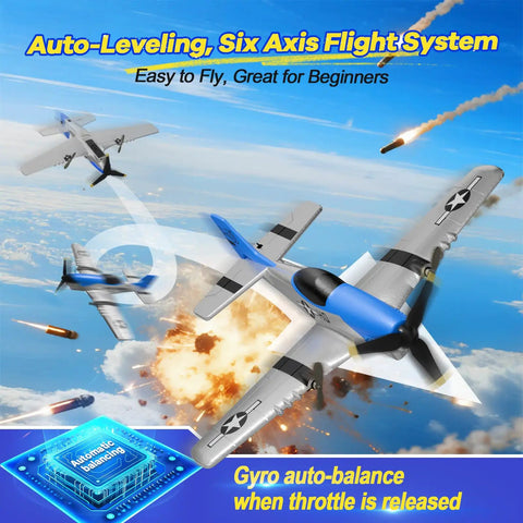 P51 Mustang RC Airplane For Beginners With 2.4GHz Control in dynamic flight with auto-leveling, gyro-stabilized system, kid-friendly.