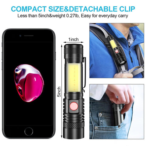 Beast Bright LED Flashlight With Magnetic Tail COB Sidelight Zoomable Beam next to phone and clipped on backpack