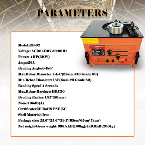 Built Tough Electric Rebar Bender Cutter, 3000W Hydraulic Steel Bar Bending Machine with detailed specifications shown.
