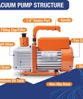 Side view of BACOENG R32 automotive vacuum pump kit with orange handle, gauge, and aluminum oil tank