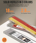 Slick Mechanical Carpenter Pencils Kit With Heavy Duty Construction Marking Tools And Woodworking Drafting Supplies Including A Center Punch And Carbide Scribe For Daily Shop Floor Grind, 18 refills in black, red, yellow, 2.8mm size.