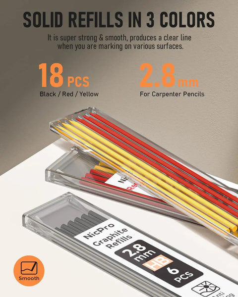 Slick Mechanical Carpenter Pencils Kit With Heavy Duty Construction Marking Tools And Woodworking Drafting Supplies Including A Center Punch And Carbide Scribe For Daily Shop Floor Grind, 18 refills in black, red, yellow, 2.8mm size.