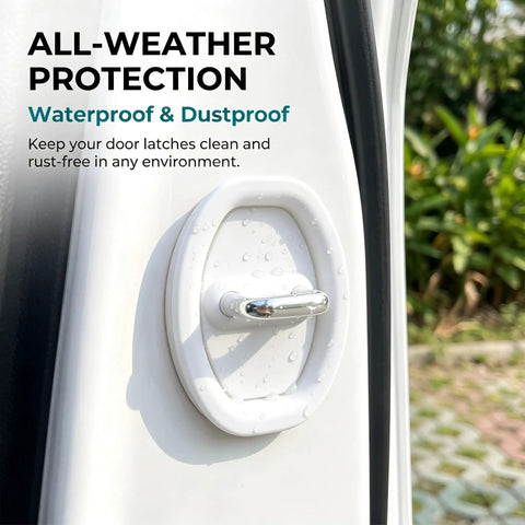 Close-up of Heavy Duty Silicone Door Latch Covers for Your Ride Prevent Metal on Metal Screeching Sound with Self Adhesive Backing to Silence Door Jams on Cars Trucks Suv White Pack of Four on a car door.