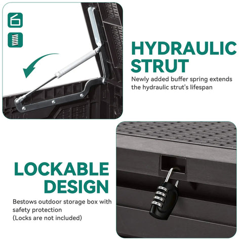 Image showing hydraulic strut and lockable design details on 100 Gallon Large Deck Box Outdoor Resin Storage For Patio Furniture Cushions And Garden Tools Weatherproof Lockable Lid With Gas Strut Side Handles And Sturdy Bench Seating Up To 485 Pounds.