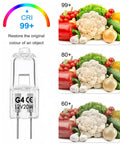 G4 Halogen Bulbs 12V 20W Dimmable Warm White 2700K JC Type 2 Pin G4 Base, showing CRI effect on vegetable colors.