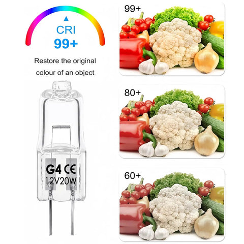 G4 Halogen Bulbs 12V 20W Dimmable Warm White 2700K JC Type 2 Pin G4 Base, showing CRI effect on vegetable colors.