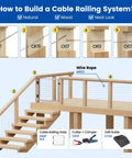Wooden deck with cable railing system; image includes steps and tools for installation.