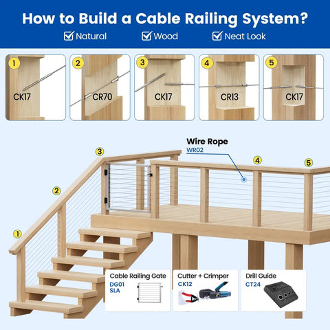 Wooden deck with cable railing system; image includes steps and tools for installation.