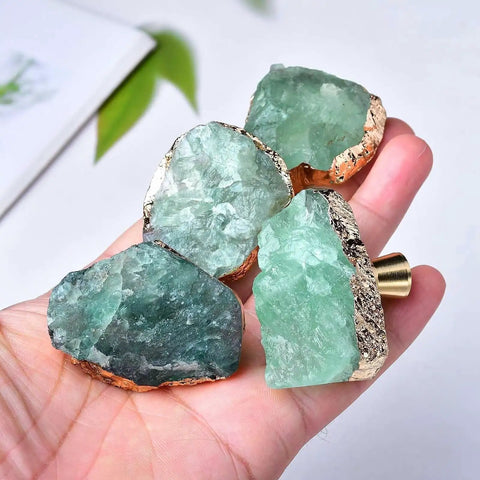Green Fluorite Stone Cabinet Knobs Set Dope Healing Crystal Drawer Handles Gold Plated Gemstone Cupboard Pulls For Home Office Decor Fits Kitchen Cabinets Dressers 4 Pack displayed in hand