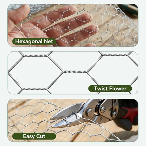 Close-up of Chicken Wire Fencing Hex Mesh Roll 16 Inch By 50 Foot Galvanized Poultry Netting with hand and cutting tool.