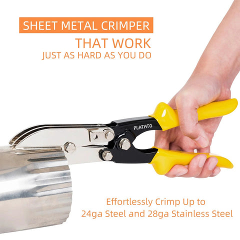 PLATATO 5-blade sheet metal crimper tool with yellow handles; side view crimping 24ga steel and 28ga stainless duct