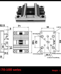 Five Axis CNC Self Centering Vise With Detachable Jaws ZF-70-100 For Precision Milling, 6 To 80mm Clamping Range, Positive Jaw 28-80mm And Reverse Jaw 6-54mm, Compact 100x71x52mm Size, Easy Setup, Beefy Pro Grade Build, dimensioned drawing