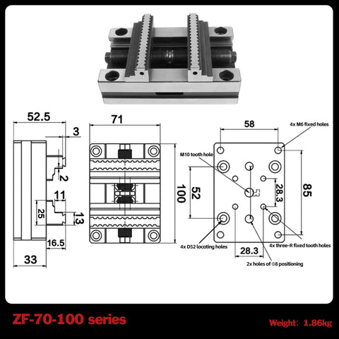 Five Axis CNC Self Centering Vise With Detachable Jaws ZF-70-100 For Precision Milling, 6 To 80mm Clamping Range, Positive Jaw 28-80mm And Reverse Jaw 6-54mm, Compact 100x71x52mm Size, Easy Setup, Beefy Pro Grade Build, dimensioned drawing