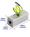 RJ45 Ethernet Outdoor Rugged Surge Protector for PoE Cameras and Switches Grounded SPD Protection Device with dimensions displayed