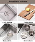 Stainless Steel Bar Sink 15 x 15 Inch Drop In Topmount Workstation Single Bowl Perfect For Kitchen Office Laundry Wet Bar RV Outdoor Yard Prep With Ultra Thick 3mm Rim And 16 Gauge Durability with accessories like cutting board and strainer.