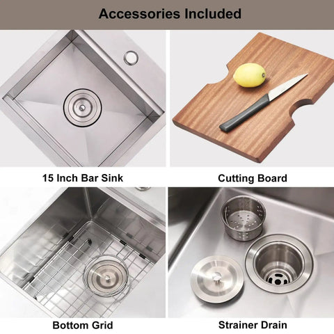 Stainless Steel Bar Sink 15 x 15 Inch Drop In Topmount Workstation Single Bowl Perfect For Kitchen Office Laundry Wet Bar RV Outdoor Yard Prep With Ultra Thick 3mm Rim And 16 Gauge Durability with accessories like cutting board and strainer.