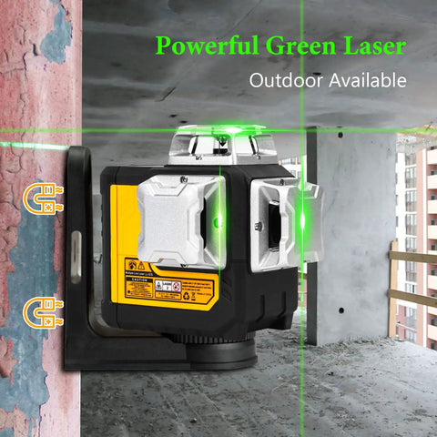 12 Line 3D Laser Level With 360 Degree Green Cross Lines for precise leveling on a construction site indoors and outdoors