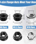Close-up of 3-size flange nuts from 48 Piece Bike Nuts And Safety Washers Kit With M8 M9.5 M10 Sizes For Front And Rear Wheels