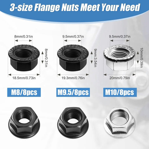 Close-up of 3-size flange nuts from 48 Piece Bike Nuts And Safety Washers Kit With M8 M9.5 M10 Sizes For Front And Rear Wheels
