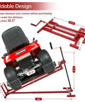 Heavy Duty Lawn Mower Lift Jack For Riding Mowers Zero Turn Mowers And Garden Tractors Telescopic Maintenance Jack With Foldable Design Easy Lift Crank Handle And Power Tool Handle Supports Up To 880 Lbs showing foldable dimensions and a mower lifted