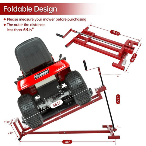 Heavy Duty Lawn Mower Lift Jack For Riding Mowers Zero Turn Mowers And Garden Tractors Telescopic Maintenance Jack With Foldable Design Easy Lift Crank Handle And Power Tool Handle Supports Up To 880 Lbs showing foldable dimensions and a mower lifted