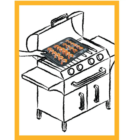 Two Piece Air Fry Bake And Broil Pan Set For Ovens And Grills, 8.5 Inch By 12.75 Inch in use on a grill with food