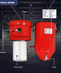 Rugged 1.6 HP Dust Collector With 1.8 Gallon Bucket Packs Killer Suction For Sandblasting Cabinets And Media Blasters showing filter and switch.