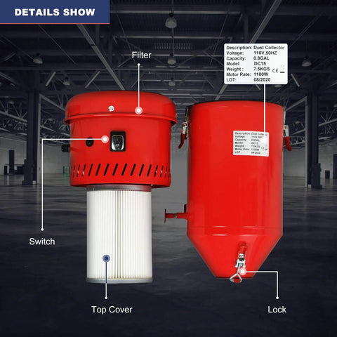Rugged 1.6 HP Dust Collector With 1.8 Gallon Bucket Packs Killer Suction For Sandblasting Cabinets And Media Blasters showing filter and switch.