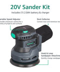 20V Cordless Random Orbital Sander Kit with 2.0Ah battery, showing variable speed adjuster and dust collector