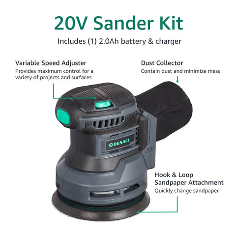 20V Cordless Random Orbital Sander Kit with 2.0Ah battery, showing variable speed adjuster and dust collector