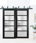 Quadro 4002 Interior Barn Bypass Sliding Doors In Black With Frosted Glass MDF Panel 72x96 installed view in a modern room