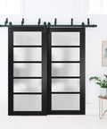 Quadro 4002 Bypass Interior Barn Sliding Doors With Frosted Glass And MDF 84x96 Inches Black Modern Style Installed in a Room
