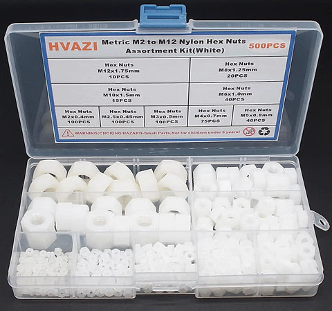 500 Piece Metric Nylon Hex Nuts Assortment Kit Featuring M2 Through M12 White Plastic Threaded Fasteners in organized sealable case.