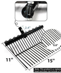 Heavy Duty Metal Pitch Fork Replacement Head For Garden And Barn Cleanup With Angled Tines, 15 Inches Long By 11 Inches Wide, Fits 1 Inch Handle shown with dimensions.