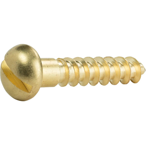 No Nonsense Brass Wood Screws Slotted Round Heads Size Two Deep Coarse Threads For Diy Woodworking And Shop Repair Dead On Hardware Collection Foolproof strong grip, showing a single brass screw with deep coarse threads.