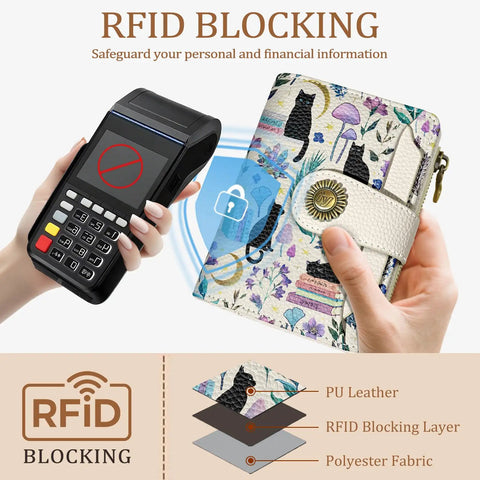 Cute Black Cat Wallet For Women RFID Blocking Bifold With Zipper Coin Pocket 4 ID Windows And 14 Card Slots PU Leather