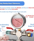 Top Shelf 304 Stainless Steel Vacuum Chamber For Resin And Silicone Degassing With Crystal Clear Dome showing noise reduction valve and brass fittings.