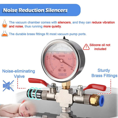 Top Shelf 304 Stainless Steel Vacuum Chamber For Resin And Silicone Degassing With Crystal Clear Dome showing noise reduction valve and brass fittings.