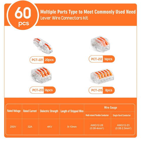 Kickstart Your Electrical Projects With This Awesome 60 Pc Wire Connector Kit That Splices Up To 5 Conductors Fast Using Push In Lever Nuts For Easy Diy Wiring Repairs And Solid Connections Anywhere. 60-piece orange lever wire connectors kit, PCT-221 to PCT-215