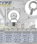 Heavy Duty 4 Pack M10 Lifting Eye Bolts In 304 Stainless Steel size chart, showing dimensions for various standards.