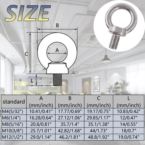 Heavy Duty 4 Pack M10 Lifting Eye Bolts In 304 Stainless Steel size chart, showing dimensions for various standards.