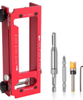 Upgrade Aluminum Door Hinge Jig For Adjustable Mortising Template Fits Two And A Half To Five Inch Door And Cabinet Hinges With One Quarter And Five Eighths Inch Radius And Square Corner Tools 6061 Aluminum Alloy Construction, red jig with tools